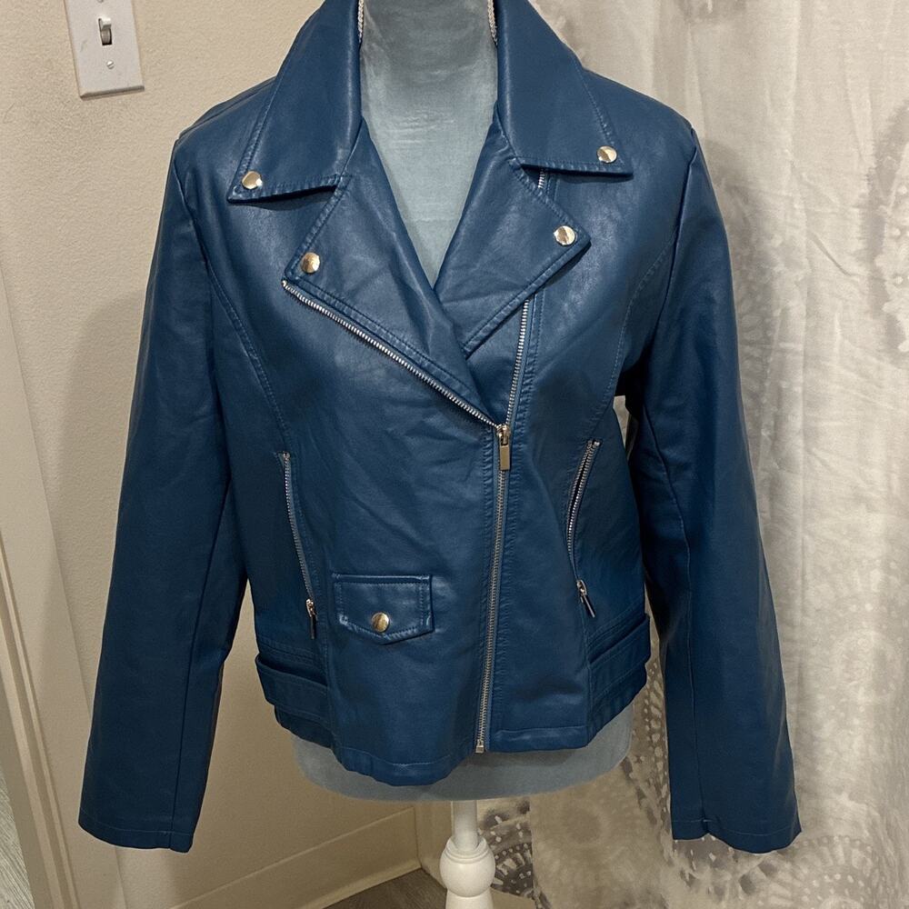 Tanming Women’s Teal Faux Leather Biker Jacket XL Blue Zip Lined Pockets Studded
